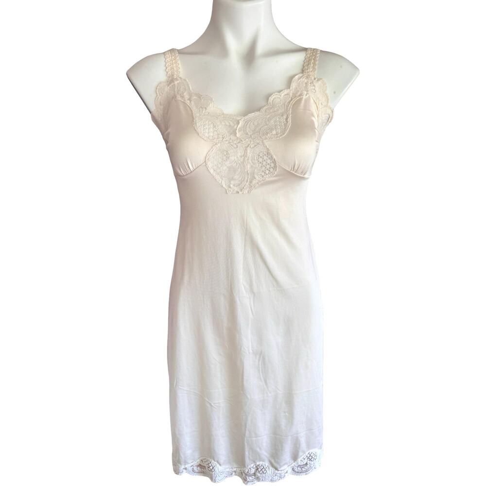 Vintage Illusion Full Slip Sz 34 Ivory Lace Ladder Strap Bodice Pinup Lingerie - Picture 10 of 11